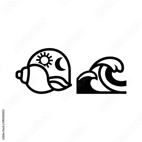Seashell with Sun and Moon, beside Waves