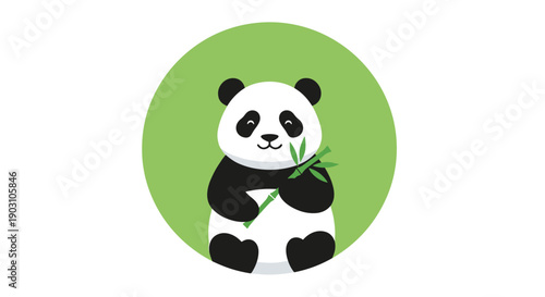 Cute giant panda sits comfortably inside a green circle while happily munching on fresh green bamboo stalks on a white background.