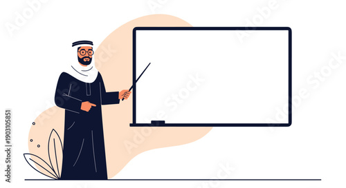Middle eastern man in traditional clothing and glasses points a stick towards a blank whiteboard while standing in a classroom environment.