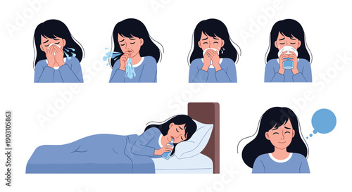 Series of illustrations depicting a woman suffering from cold and flu symptoms like sneezing coughing and resting in bed to recover.