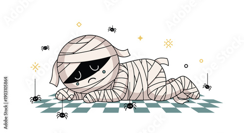 Sad little cartoon mummy character lies on a checkered floor crying while surrounded by several small black spiders hanging from threads.