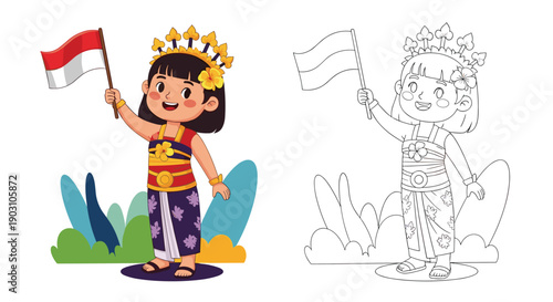 Cute indonesian girl in traditional costume holds a national flag alongside a black and white line art version of the same character.