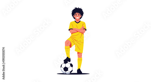 Young boy with curly hair dressed in a bright yellow soccer uniform stands confidently with one foot resting on a black and white ball.