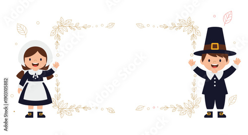 Adorable pilgrim boy and girl wave happily beside a decorative golden floral frame for Thanksgiving holiday celebration messages.