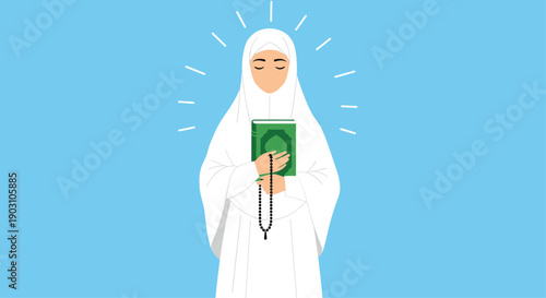 Devout muslim woman wearing a white hijab and robe holds a green holy book and prayer beads while praying against a blue background.