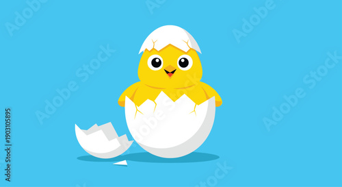 Adorable small yellow chick with big eyes hatches joyfully from a white eggshell against a bright blue background for easter celebrations.