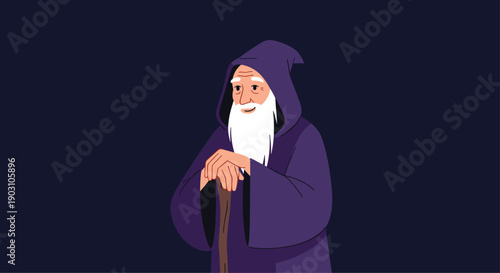 Wise old wizard with a long white beard wearing a purple hooded robe and holding a wooden staff looks thoughtfully to the side.