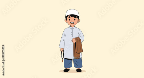 Friendly young muslim boy dressed in a white tunic and cap holds a brown prayer mat and prayer beads while smiling for the camera.