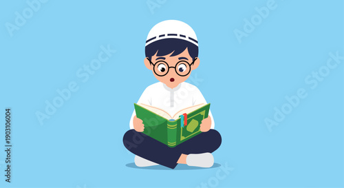 Young muslim boy wearing a white cap and glasses sitting cross-legged while reading a green book on a blue background.