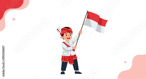 Boy wearing traditional indonesian balinese attire proudly holding the red and white national flag of indonesia on white background.