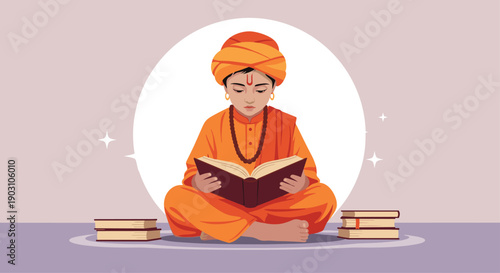 Young hindu monk dressed in orange robes and turban sitting cross-legged and reading a book surrounded by other books.