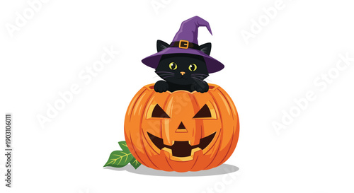 Adorable black cat wearing a purple witch hat peeking out of a carved halloween pumpkin jack-o-lantern on white background.