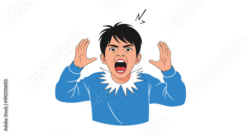 Young man in blue sweater expressing intense anger and frustration by screaming with wide open mouth and raised hands.