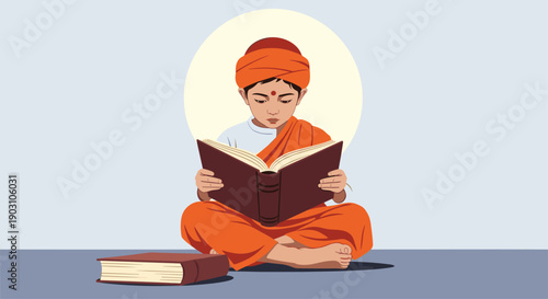 Young monk wearing orange robes and a turban sitting cross-legged while reading a large book with a book pile nearby.