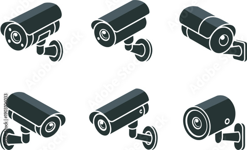 Set of modern CCTV security camera illustrations isolated on white background, surveillance equipment collection for safety systems, monitoring technology, protection services, smart security design, 