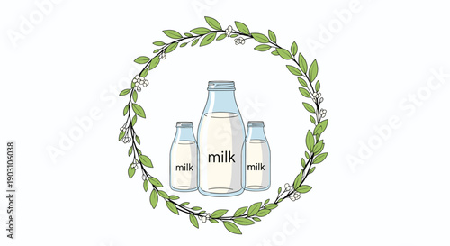Fresh milk bottles of different sizes arranged inside a delicate green leaf and flower wreath on a plain white background.
