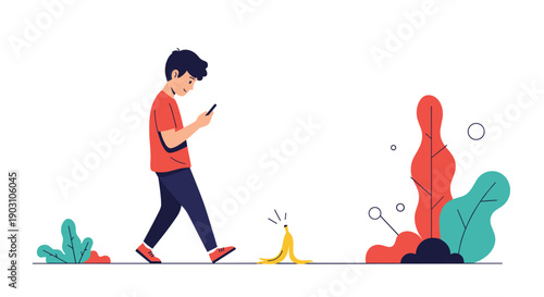 Young boy distracted by his smartphone while walking and about to step on a banana peel near some green garden bushes.
