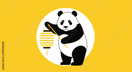 Cute giant panda character holding a traditional yellow chinese lantern against a white circle and yellow background.