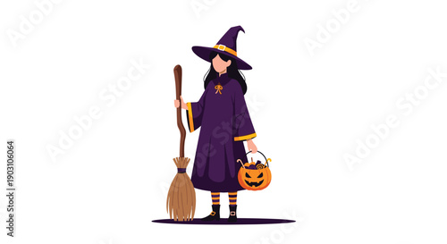 Cute girl dressed as a witch in purple robes holding a broomstick and a pumpkin-shaped candy bucket for halloween holiday.