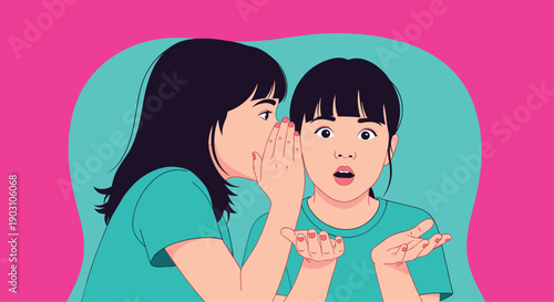 Young girl whispering a secret into the ear of her friend who looks shocked and surprised on a vibrant pink background.