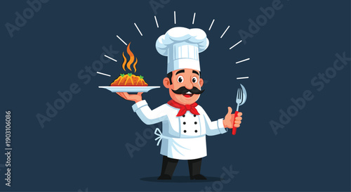 Jolly chef with a mustache holding a plate of steaming hot pasta and a fork against a dark blue background for restaurant.