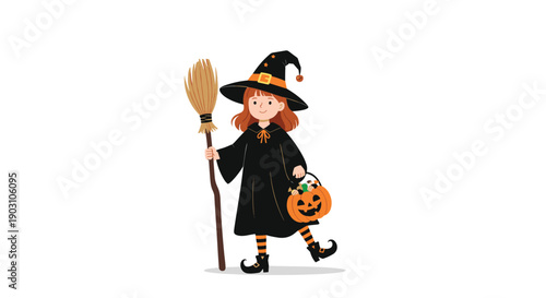 Little girl in a black witch costume with an orange-banded hat holding a broom and a pumpkin bucket for trick or treating.
