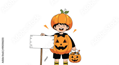 Happy boy wearing a pumpkin costume holds a wooden sign and a trick or treat bucket filled with Halloween treats on a white background.