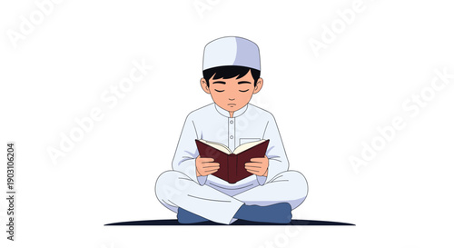 Young muslim boy wearing a white cap and traditional tunic sits cross legged while reading a brown book in a focused manner.