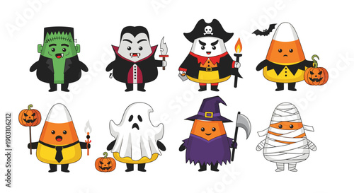 Collection of eight cute Halloween monster characters including frankenstein, a vampire, a ghost, a witch, and a mummy.