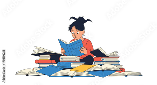Young girl with black hair in pigtails sits on the floor deeply absorbed in reading a book while surrounded by stacks of books.