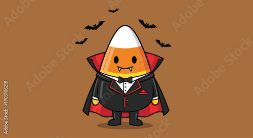 Adorable candy corn character dressed as a vampire wearing a black tuxedo and red cape surrounded by small flying bats at night.