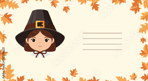 Invitation card template featuring a cute pilgrim girl face surrounded by a border of orange autumn leaves with lines for writing.