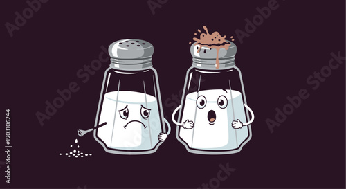 Salt and pepper shaker characters with cute faces expressing sadness and surprise as salt spills out onto a dark purple surface.