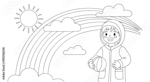 Black and white line art illustration of a cheerful boy wearing a raincoat and holding a ball standing under a large rainbow and bright sun.