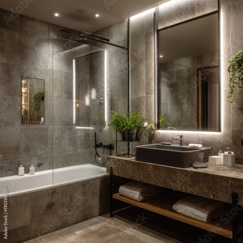 Modern bathroom interior with stylish design and decorative elements
