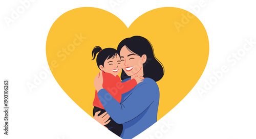 Loving mother embraces her small daughter with joy inside a large yellow heart symbol illustrating family bonds and maternal affection.