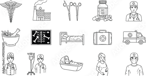 Hand drawn medical icons, vector health symbols, doctor, nurse, pharmacy, ambulance, hospital, medicine, pills, surgery, x-ray, emergency, clinic, pregnant, baby, bed, kit, treatment, mask, lab.