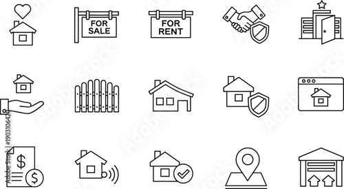 Hand drawn real estate icons, vector property symbols, house, rent, sale, mortgage, insurance, building, broker, agent, garage, map, location, deal, contract.