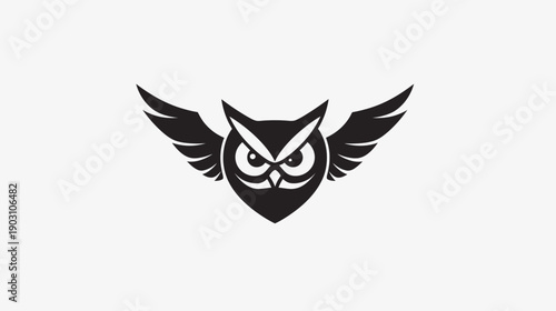 Black owl silhouette with wings spread against white background