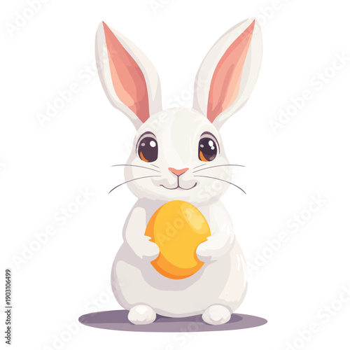 Cute white Easter bunny holding a golden egg. Vector cartoon character illustration isolated on white background. Perfect for holiday greeting cards.