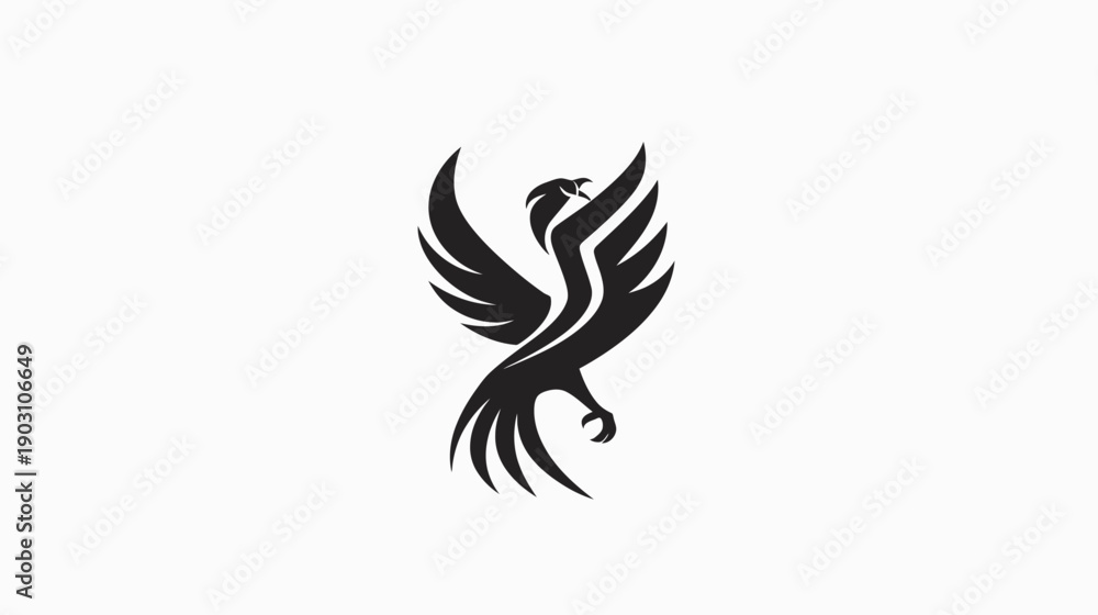 Fototapeta premium Stylized black bird emblem soaring upward on a white background design