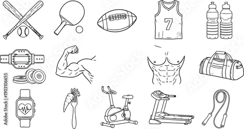 Hand drawn sports icons, vector fitness symbols, gym, baseball, muscle, treadmill, watch, jersey, bottle, bag, bike, rope, football, health, diet.