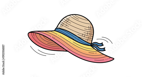 Colorful wide-brimmed straw hat with a blue ribbon perfect for summer fashion and sunny beach days