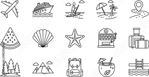 Hand drawn travel icons, vector summer symbols, plane, ship, beach, mountain, luggage, shell, coconut, pool, map, forest, watermelon, vacation, sun.