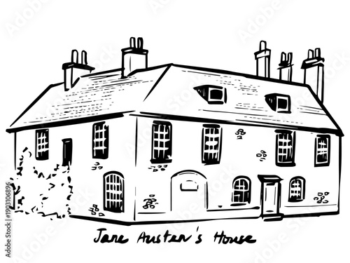 A detailed black-ink architectural sketch of Jane Austen’s House in Winchester, capturing its modest historic façade, literary heritage, and domestic character in expressive hand-drawn line art.