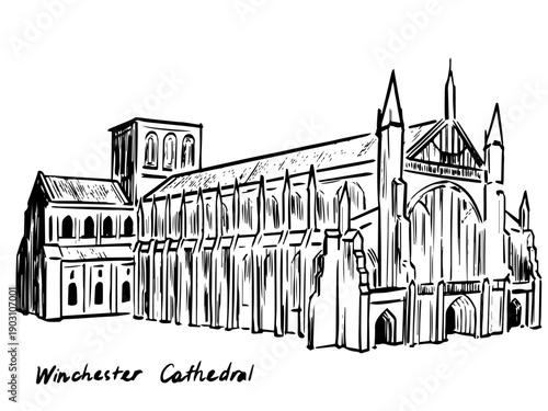 detailed black-ink architectural sketch of Winchester Cathedral, capturing its Gothic arches, long nave, towering façade, and historic presence in expressive hand-drawn line art.