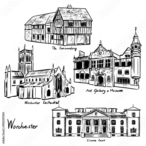 A detailed black-ink architectural sketch of Worcester landmarks, capturing the Commandery, Worcester Cathedral, the Art Gallery and Museum, and Croome Court in expressive hand-drawn line art.