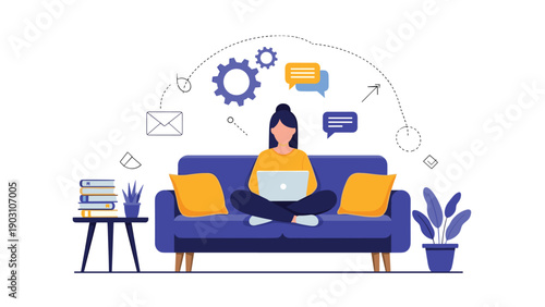 Professional woman working on her laptop while sitting on a comfortable blue sofa with business icons and plants in a home office.