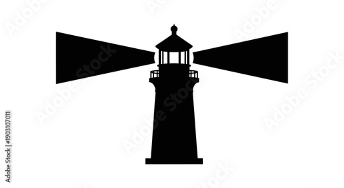 Silhouette of a lighthouse with beams shining on a white background