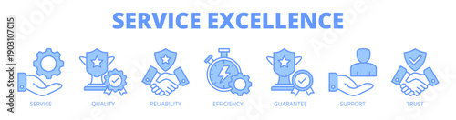 Service excellence web banner icon vector illustration concept for service quality with icon of service, quality, reliability, efficiency, guarantee, support, and trust.